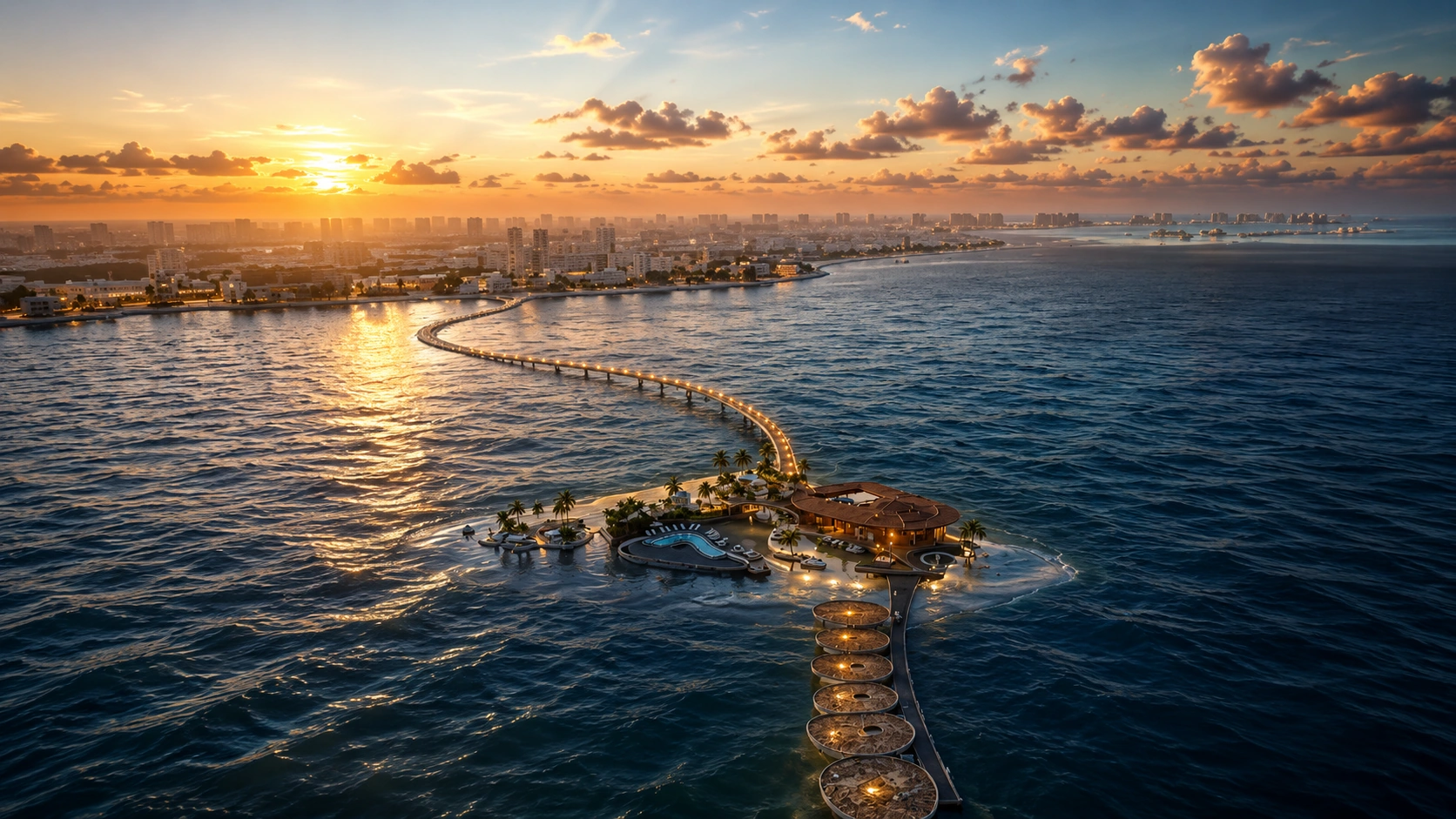Aerial render of a pier development reaching into the Gulf at dusk
