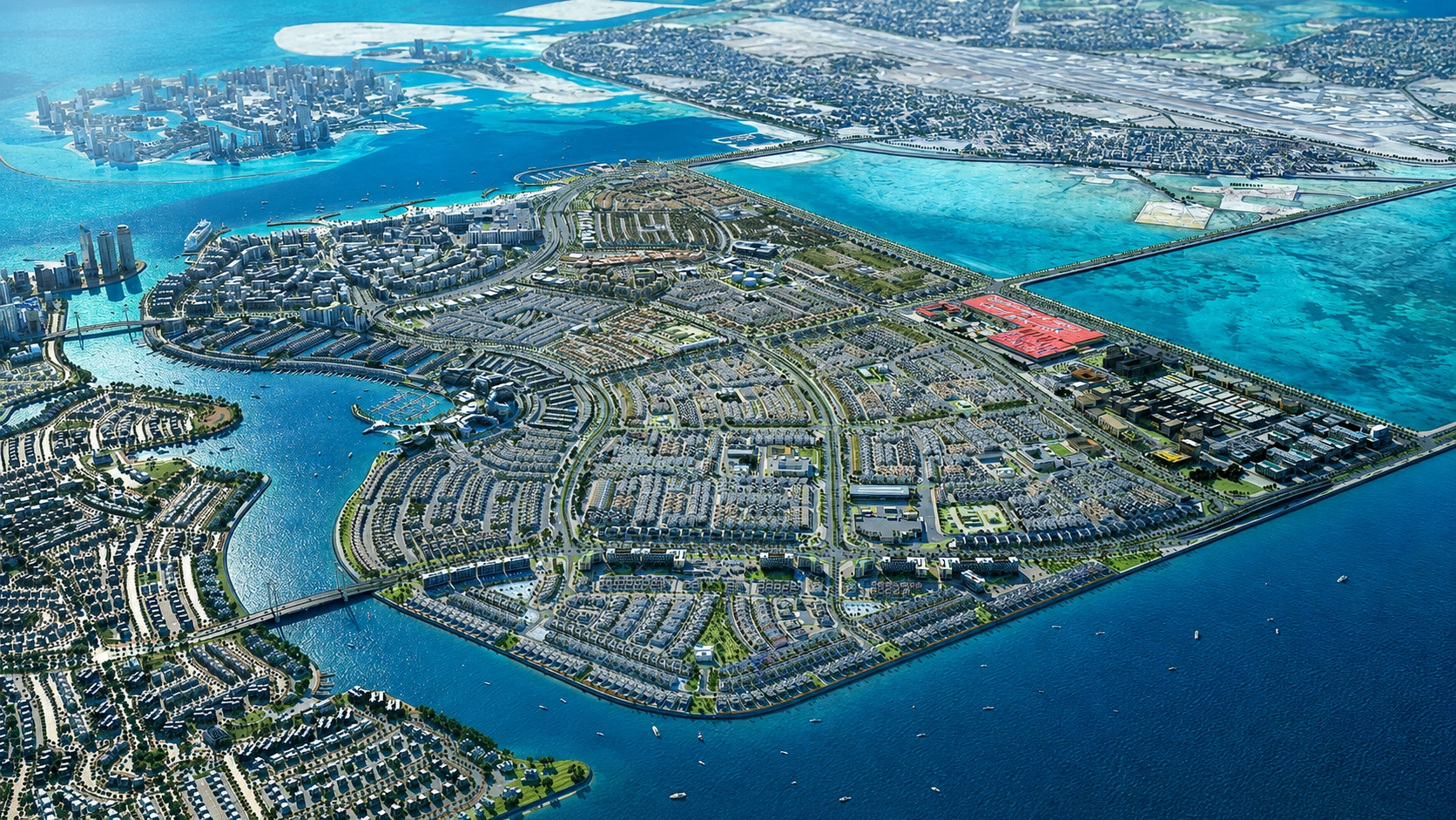 Aerial render of the Diyar Al Muharraq island masterplan